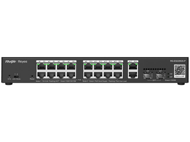 Reyee 18 Port Gigabit with 16 PoE 250W 2SFP Managed Switch | RG-ES220GS-P